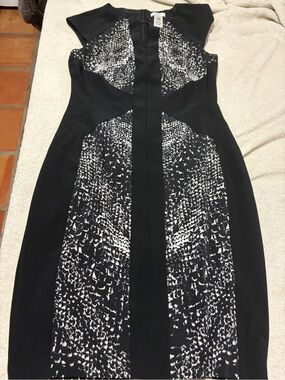 Cache Black and White Printed Midi Sheath Dress